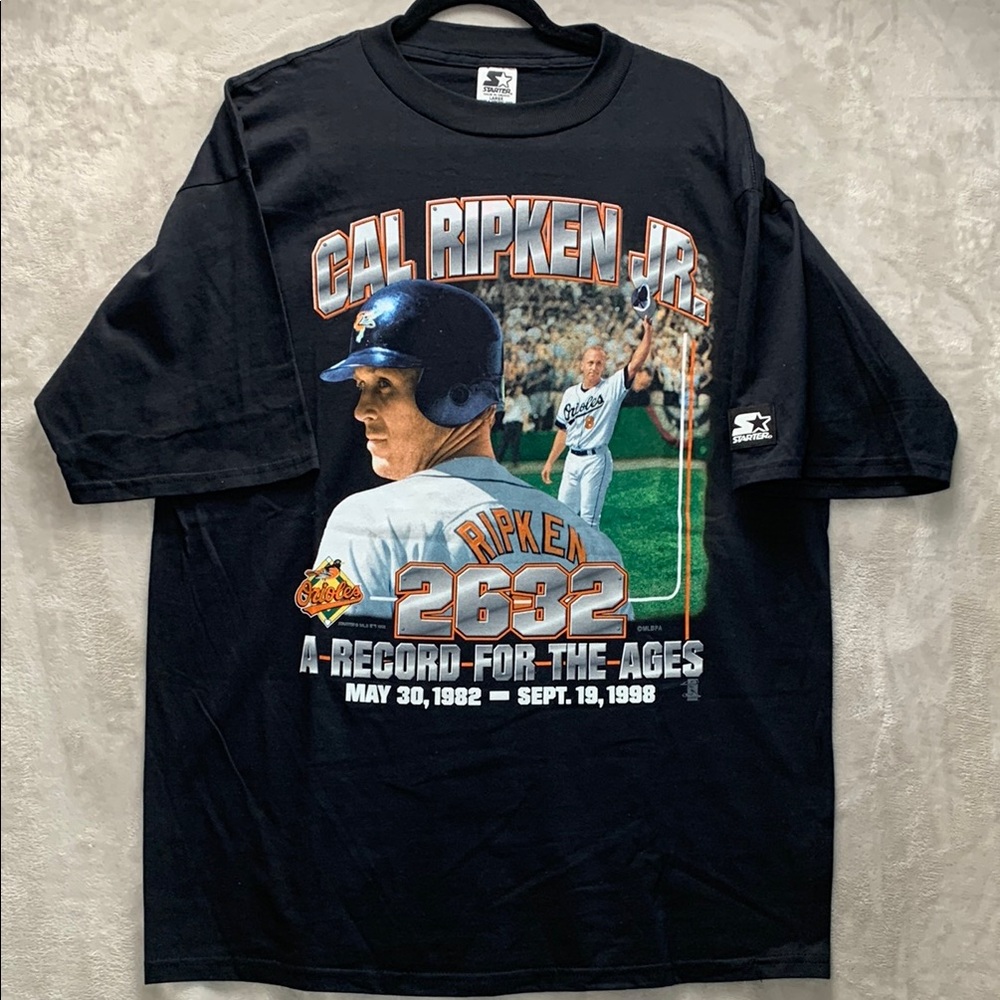 STARTER | LARGE UNISEX CAL RIPKEN JR. FAN SS SHIRT BALTIMORE ORIOLES | VTG BLACK
